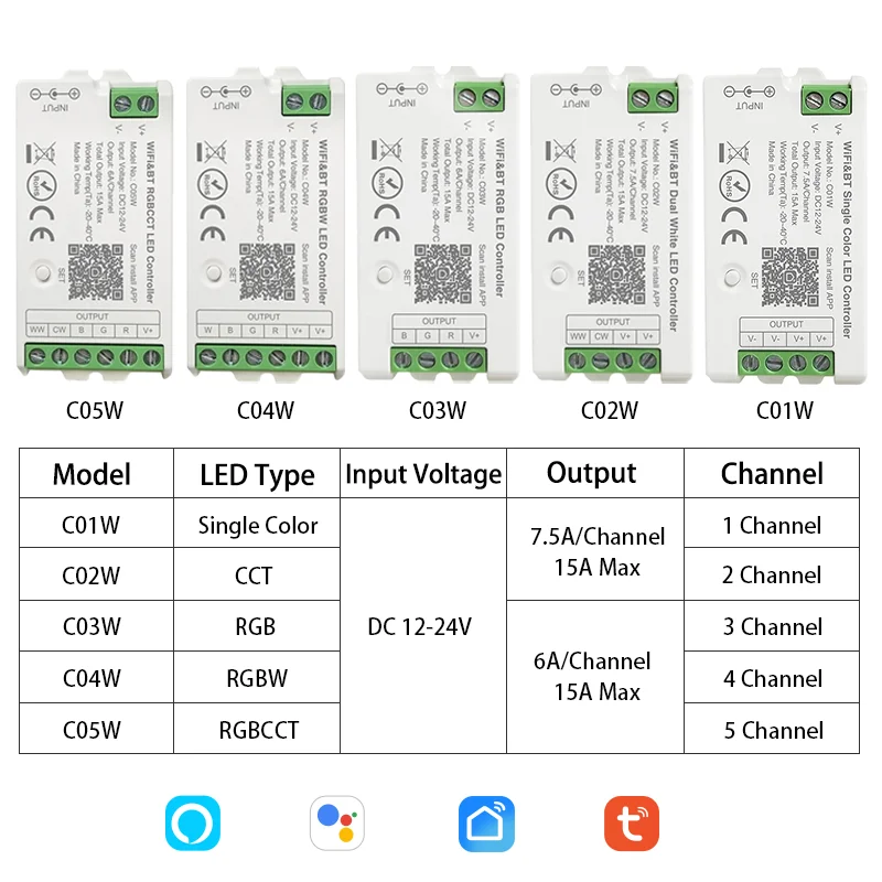 Tuya WiFi LED Controller Dimmer Współpracuje z Alexa Google Home Sterowanie głosowe RGB RGBW CCT LED Strip Smart Controller APP DC12V-24V