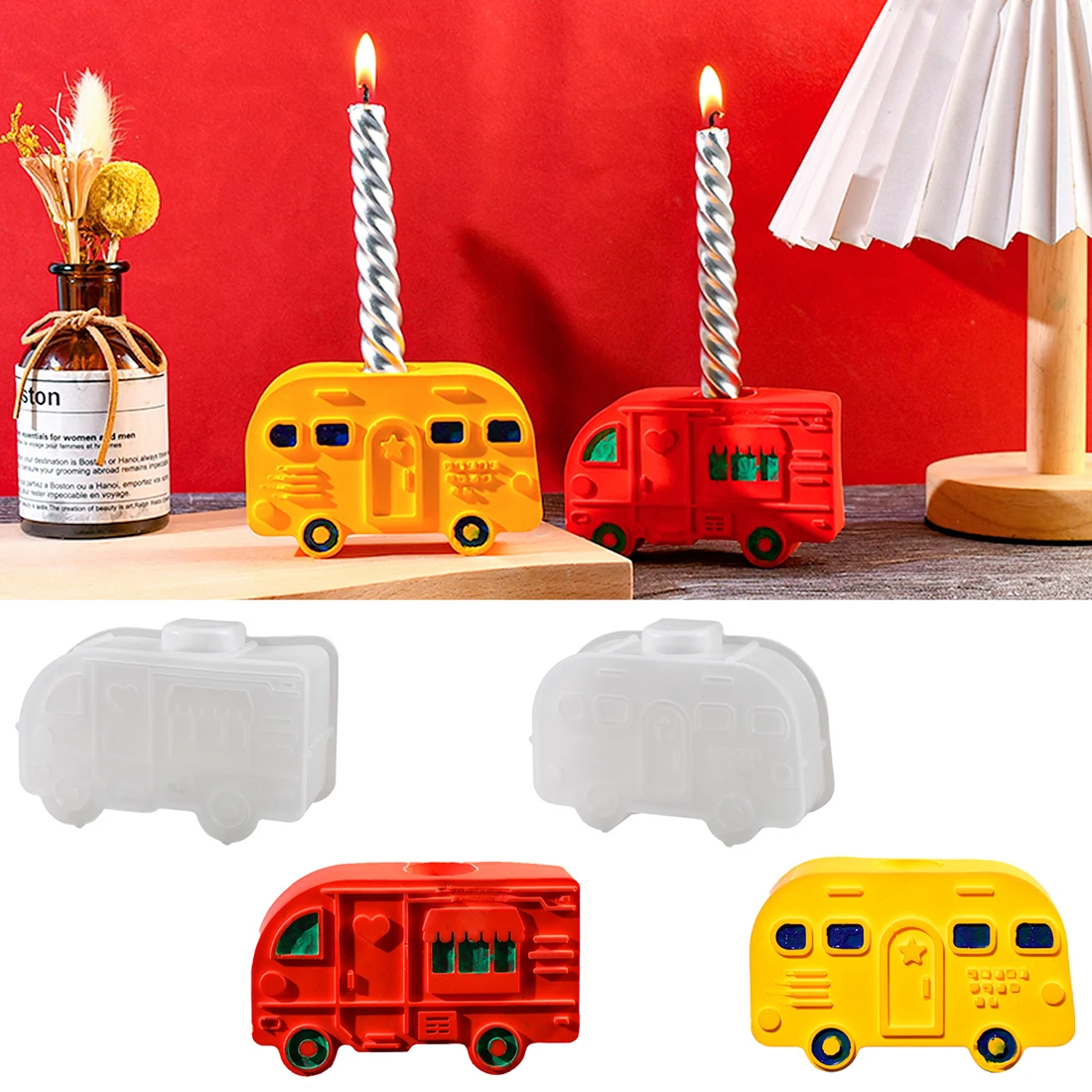 DIY Car Shape Candle Holder Resin Mold Aroma Candle Base Silicone Mold Home Decoration Mini Bus Candlestick Home Decorations