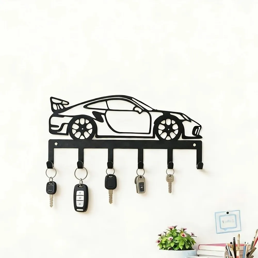 Black Minimal Metal Car Key Holder Sturdy 6 Hooks Industrial Style Wall Mount Key Rack Pre-Drilled Holes Wrought Iron