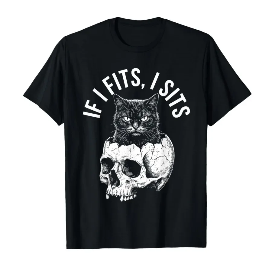 

If I Fits I Sits Black Skull Cat Minimalist Meme Humor Funny T-shirt For Men Women 100% Cotton T Shirts Short Sleeve Tops 0420-1