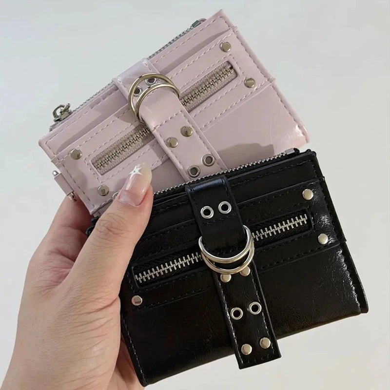 Korean Solid Color Y2k Leather Card Holder Rivet Decor Zippered Women's Purse Multifunctional Women's Wallet Pink And Black