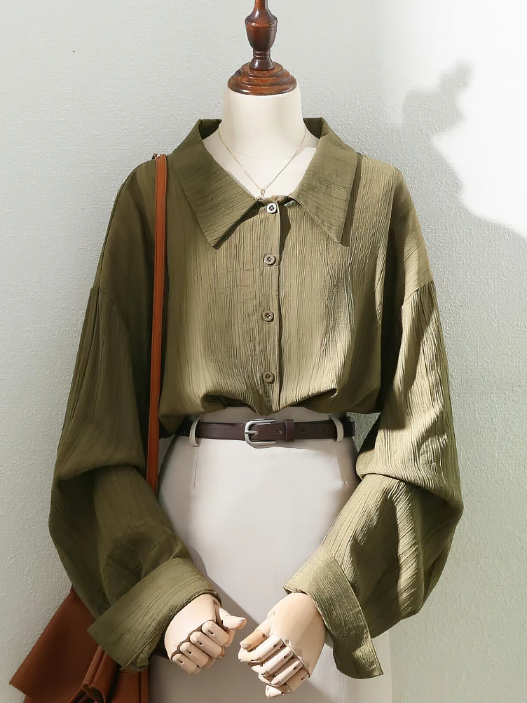 Korean Crepe Vintage Long sleeve Shirt Women Green Designer Fashionable Oversize Top Office Lady Polo Collar Casual