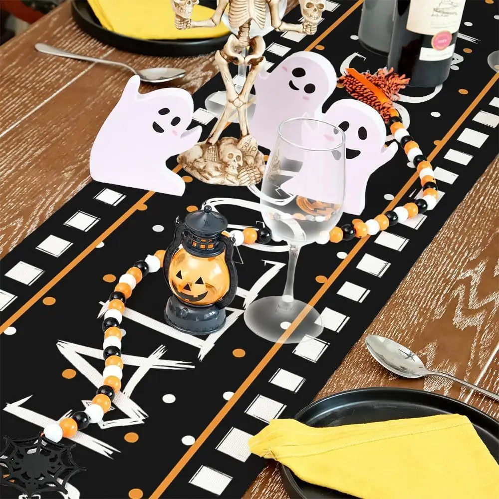 Halloween Table Flag, Home Table Decoration, Cloth Printing Table Mat, Black and White Check, Cat Ghost, New