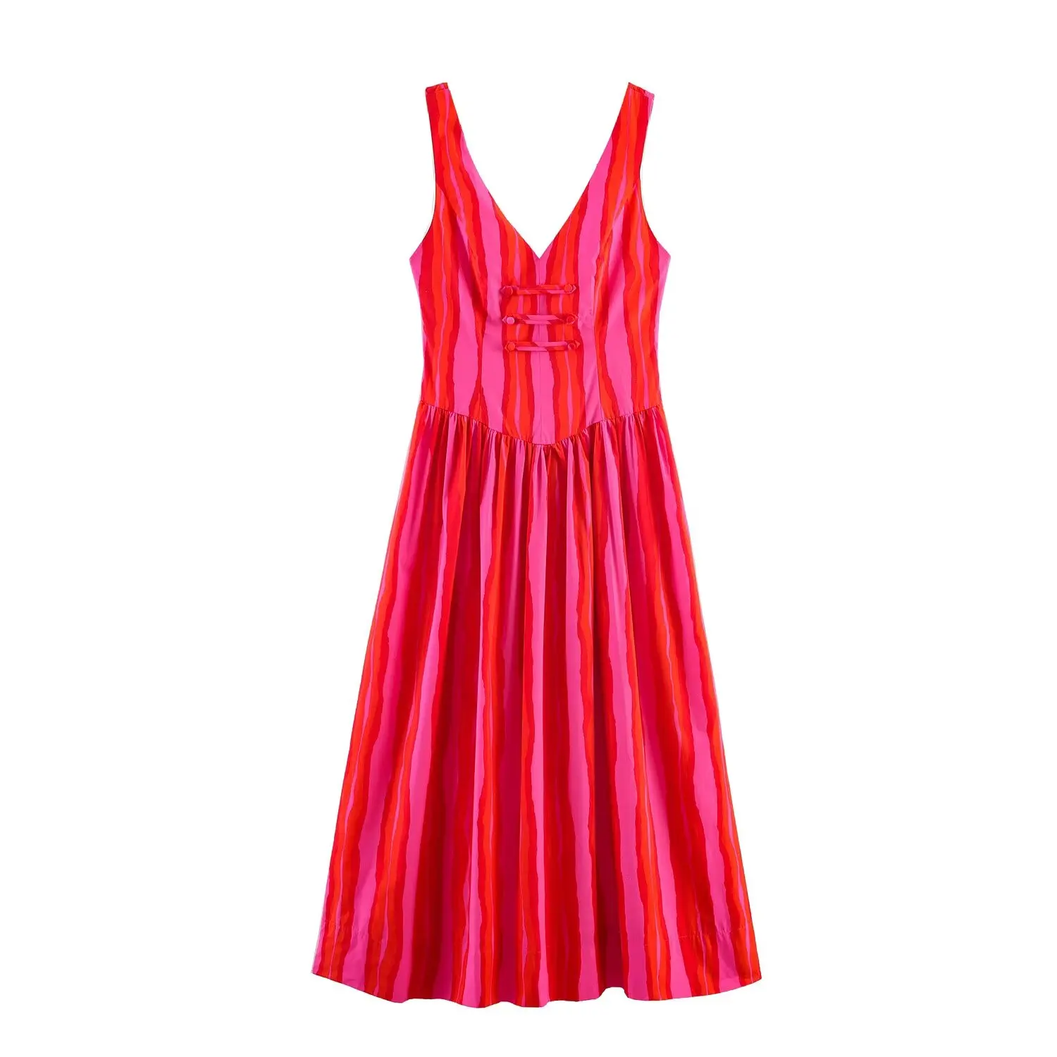Women's Elegant Striped Cami Dress Summer New Female Beach Holiday Vest Dress Lady Chic Rope Buttons V-Neck Midi Dress