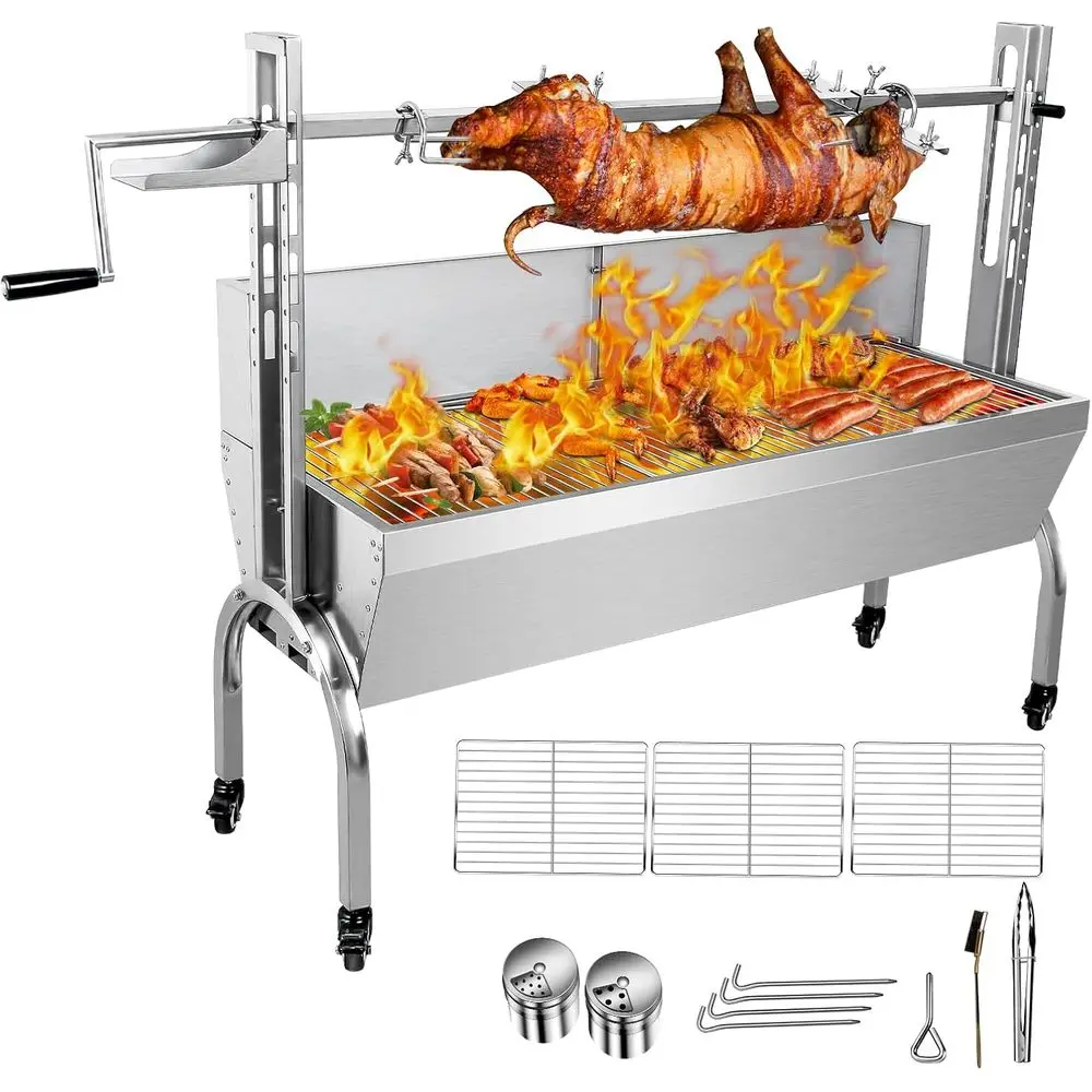 

48.7 Stainless Steel 25W Motor Rotisserie for Small Pigs & Lambs, Outdoor BBQ Grill with Back Cover Guard