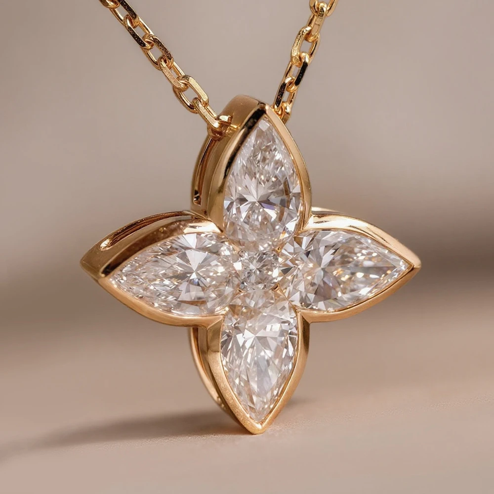

Full Moissanite Flower Pendant Necklace for Women Sparkling Pear Cut Diamond Pendant S925 Silver Wedding Party Jewelry