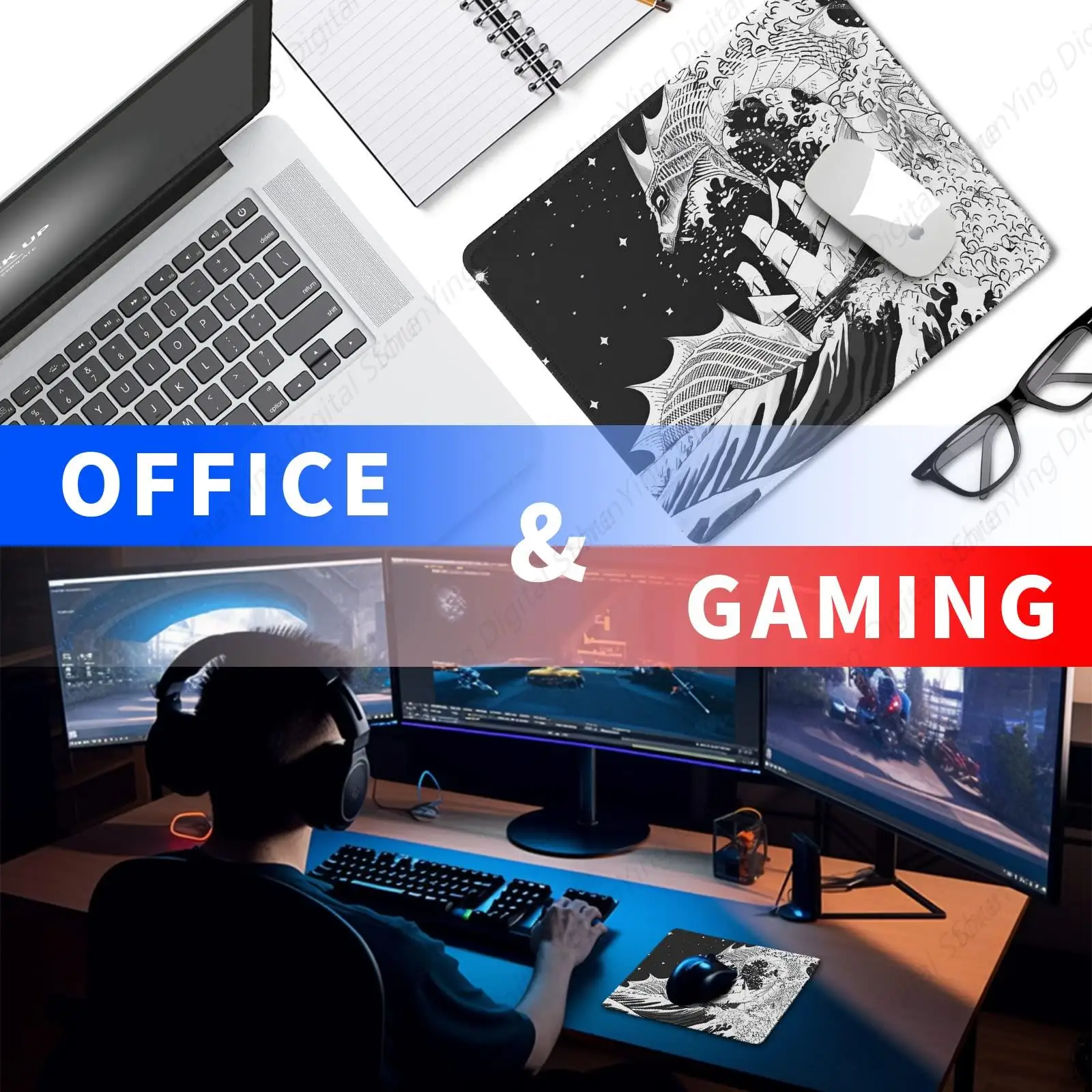 Hailong Black Gaming Mouse Pad Anti Slip Rubber Base Sewn Edges Computer Desk Pad Wireless Mouse 8.6 X 7 Inch
