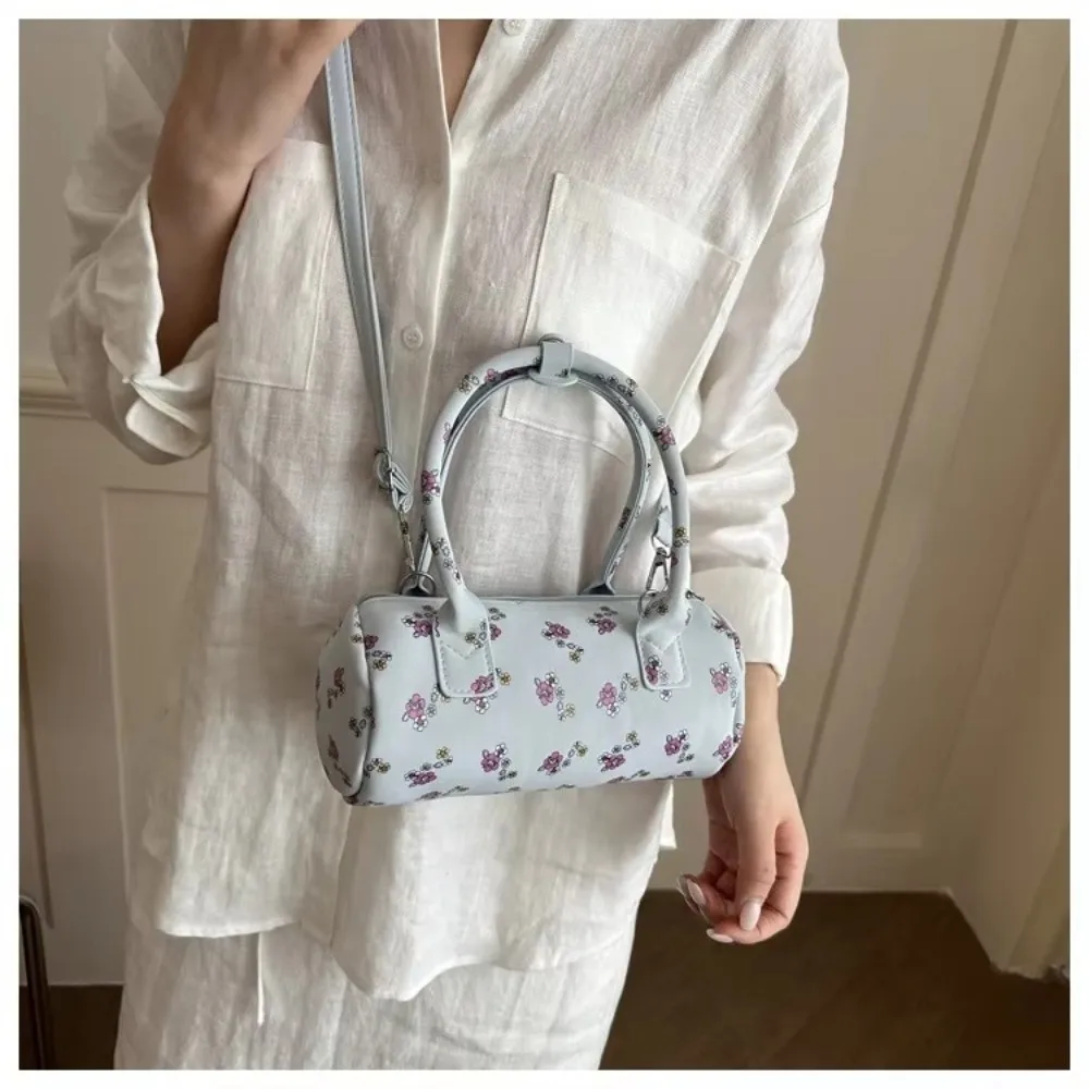 Sweet Floral Print Shoulder Bags Lightweight Round Cylinder Shape Crossbody Bag PU Leather Pillow Handbag Women