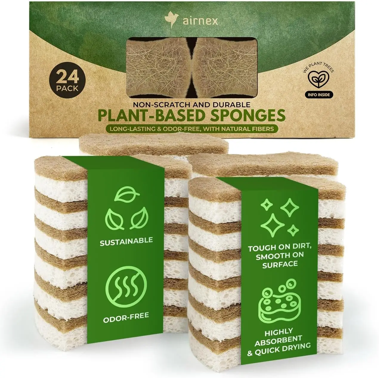 

Natural Kitchen Sponges (24 Pack) - Biodegradable Cellulose & Coconut Scrubber Dish Sponge for
