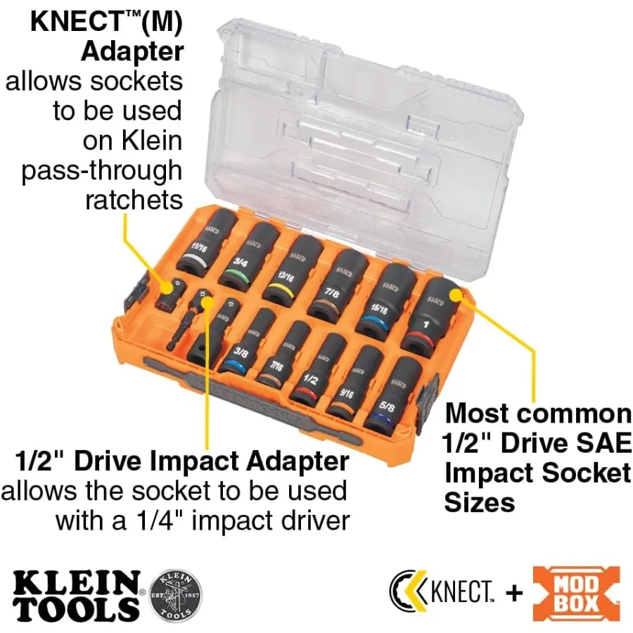 65111IMPCT KNECT مجموعة مقابس التصادم Deep-Well 1/2 بوصة محرك SAE اللون مشفرة MODbox حافظة تأثير محول ومحول