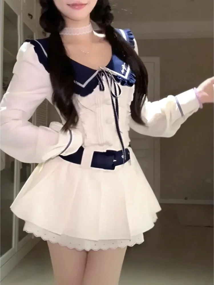 

Sweet Preppy Sle Navy Collar Dr Women's Early Autumn Winter ort Skirt Set Small Size Sailor Long Sve Knot