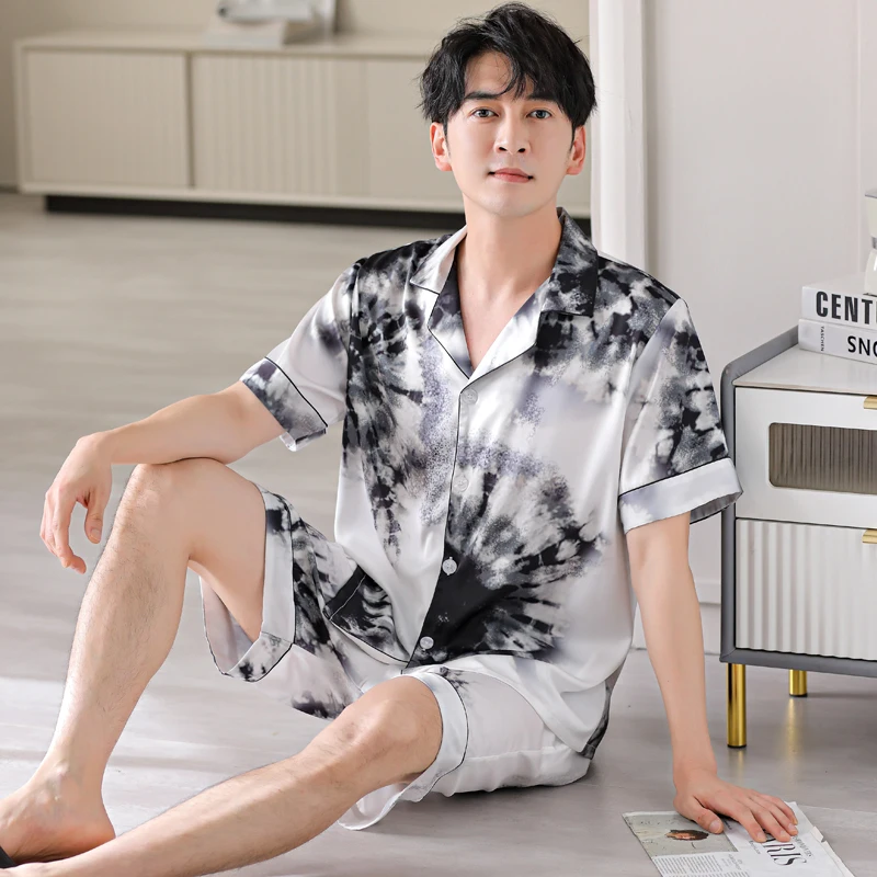 Summer Silk Pajamas Set Short Tops+Short Pants Two Pieces Set Man Sleepwear Loose Soft Male Silk Homewear Pijama