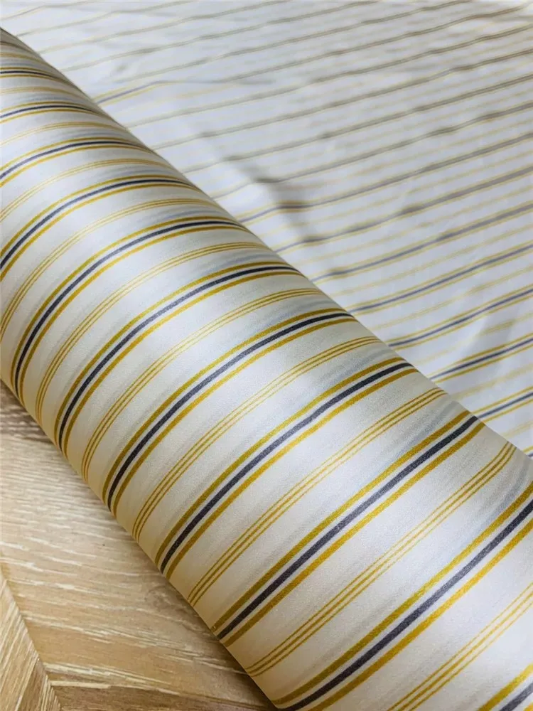 19 Momme 114cm 100% Mulberry Silk White Yellow Stripe Satin Fabric for Dress Shirt Wide Leg Pants Sewing Material