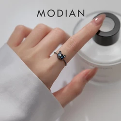 Modian 2022 New Silver Dark Black Cat 925 Sterling Silver Cute Finger Ring for Women Girls Gift Adjustable Ring Jewelry Anillo