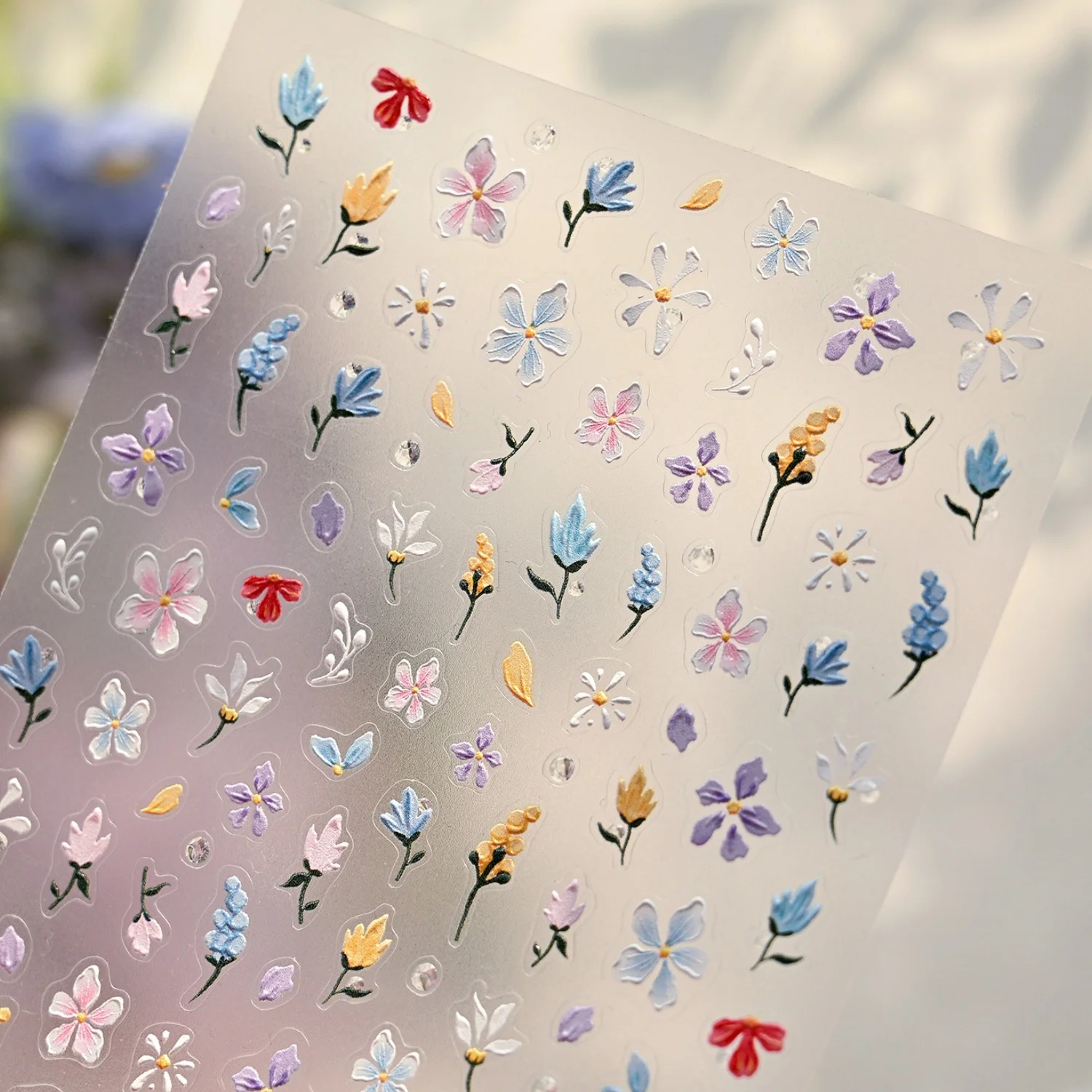 Colorful Floral 5D Embossed Nail Art Sticker Monet Garden Oil Painting Style Blue Purple Pink Yellow Leaves Water Drop Nail Art