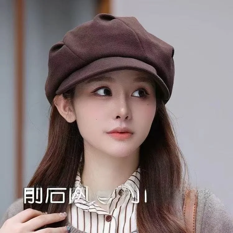 Retro Octagonal Folded Cloud Beret Hat Autumn Winter Face Enhancing Casual Versatile Polyester Fiber Short Brim Hat for Women