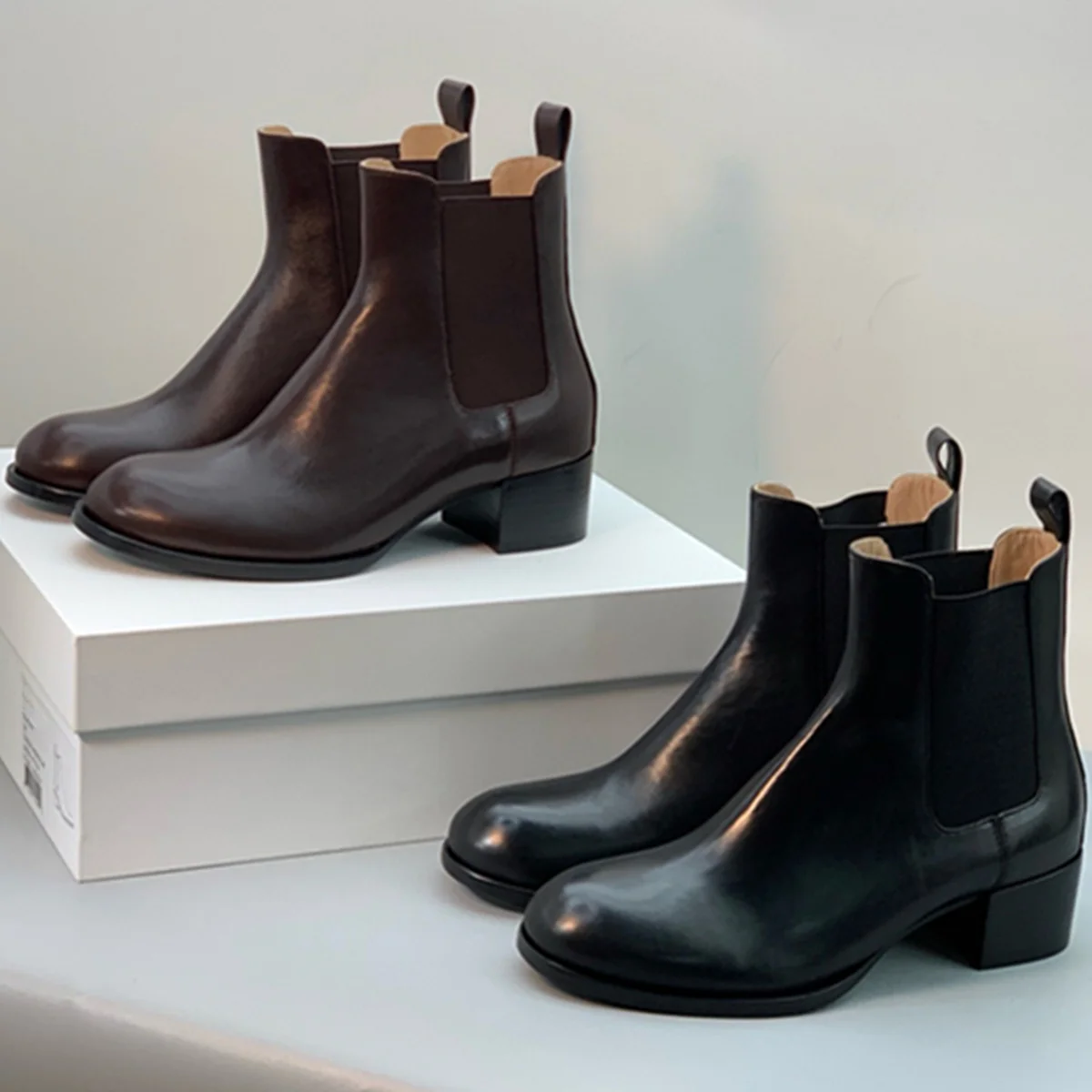 

Jenny&Dave Itlay Cowhide And Sheep Boots Vintage Soft Minimalist Brown Chelsea Boots Women 5.5cm Heels Boots Winter Woman Shoes