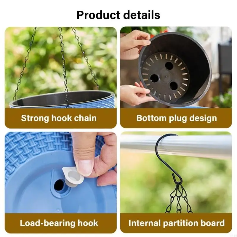 H8WB 실내 발코니 식물 홀더 강화 구조 지원 매달려 화분 바구니