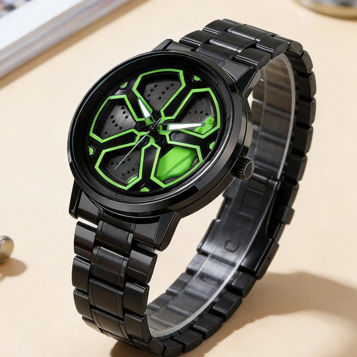 

Спортивные мужские часы 42 мм с зеленым вращающимся креативным циферблатом, черные, из нержавеющей стали, водонепроницаемые (3 бар), модные повседневные наручные часы для мужчин