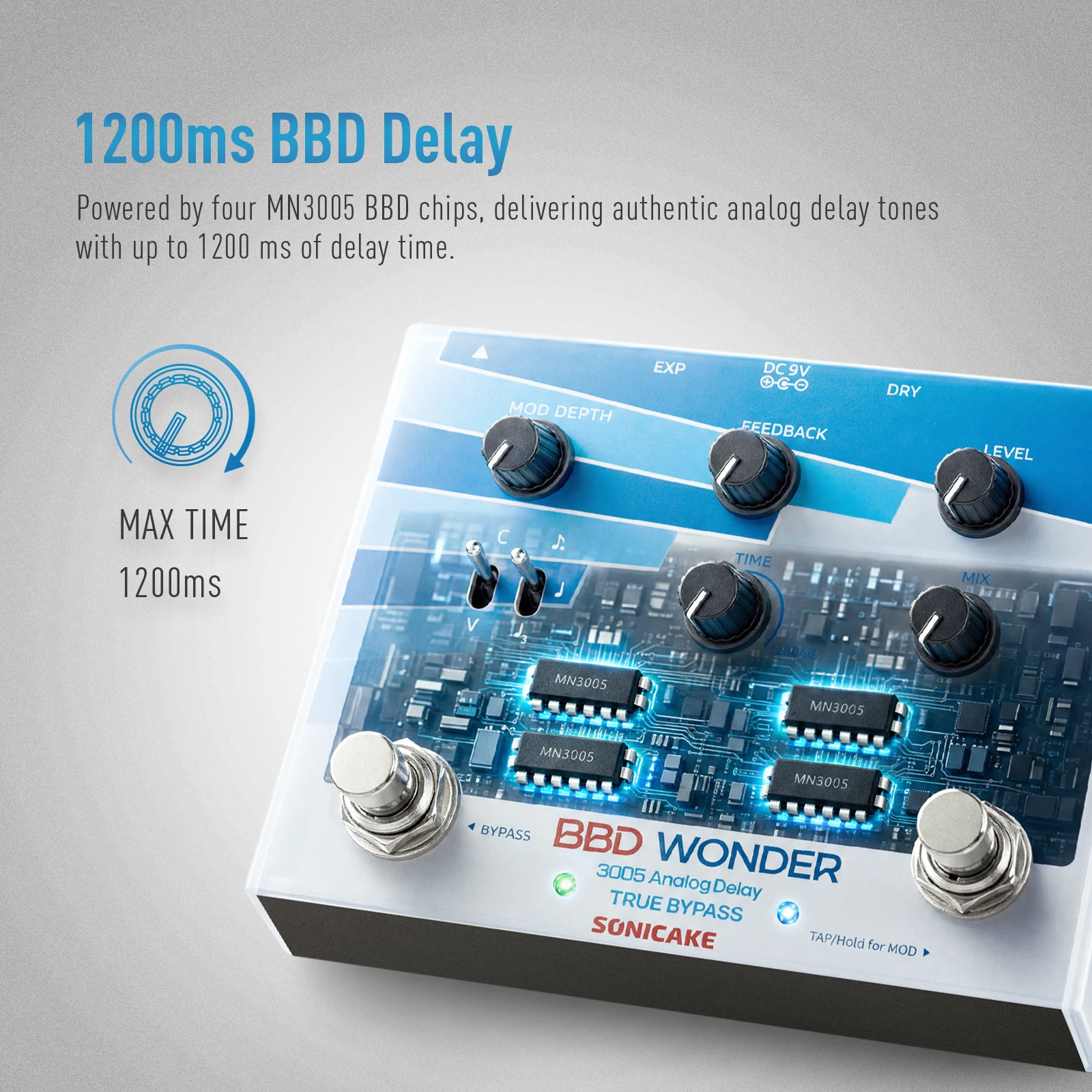 SONICAKE Local BBD Wonder Analog 1200ms Delay & Modulation Pedal 4 MN3005 BBD Chips Dual Footswitch Guitar Bass Effects Pedal QDS-10 - view 4