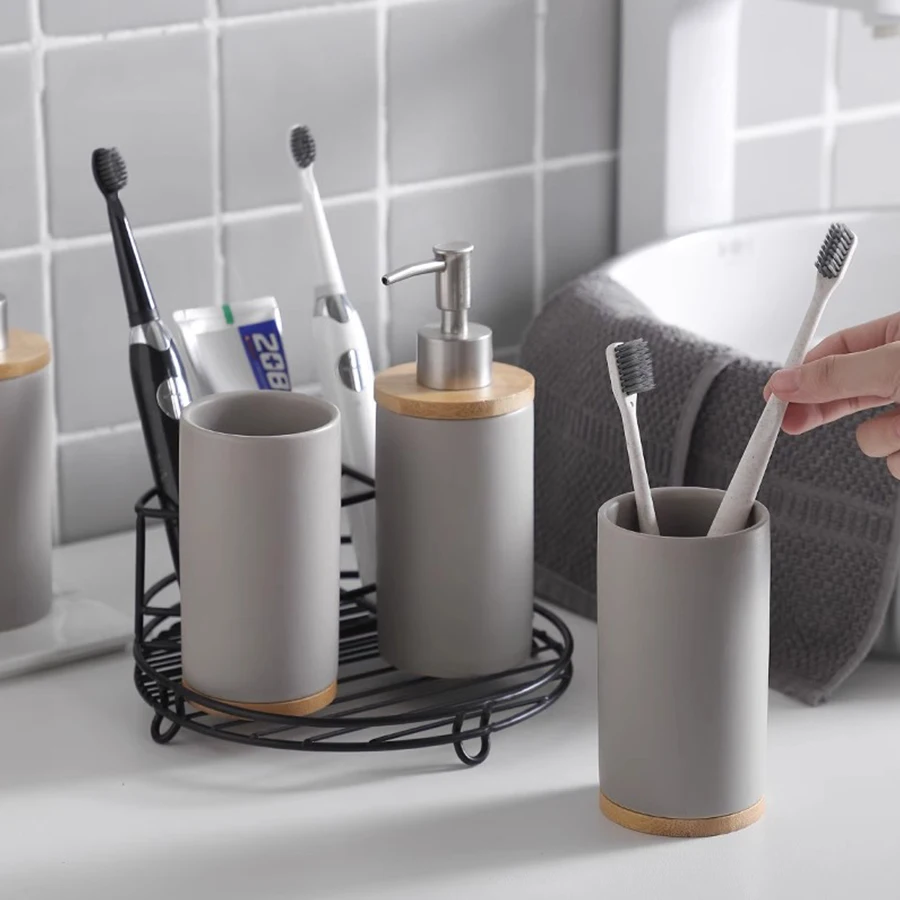 Ceramic Bathroom Accessories Set with Bamboo Tray for Bathroom Kitchen Countertop Includes Soap Dispenser Toothbrush Holder