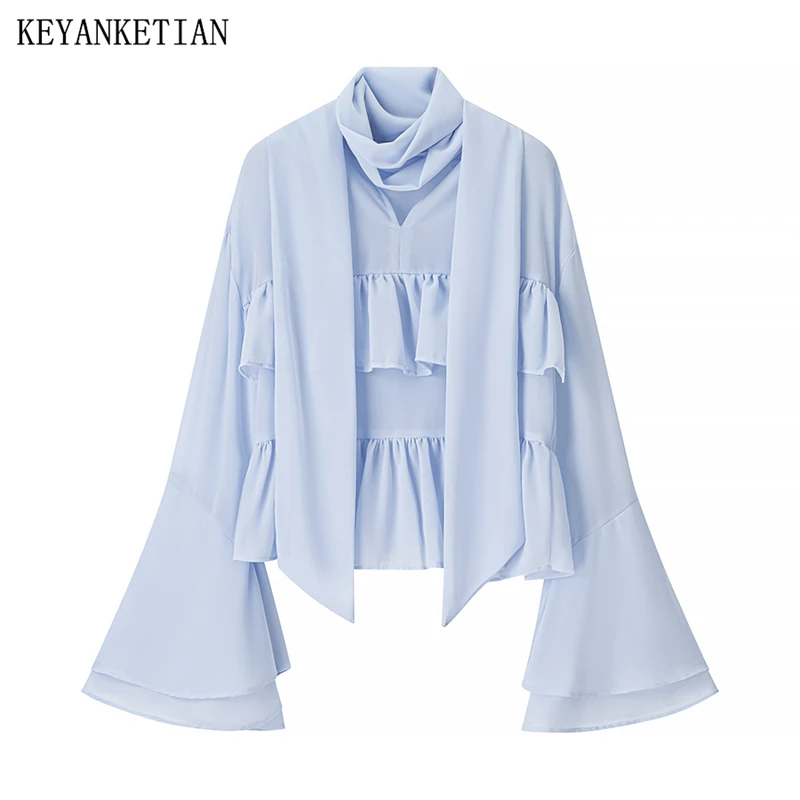 

KEYANKETIAN 2025 New Women's Light Blue Chiffon Shirt Court style Scarf collar Flare sleeve Tiered Ruffles Pullover Blouses Top