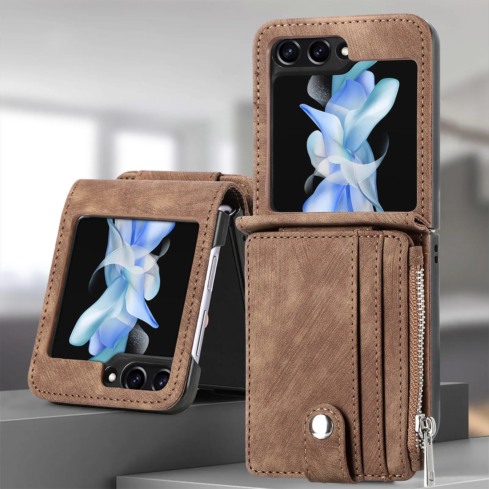 

2 in 1 Detachable Card Slot Fold PU Leather Phone Case for Samsung Z Flip 3 4 5 6 Wallet Back Cover