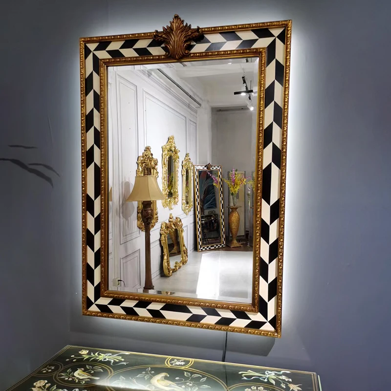 French retro solid wood wall-mounted backlight mirror American light luxury bathroom bathroom dressing mirror decorative