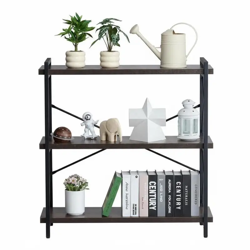 Metallic Bookcase 3-Tier Industrial Shelving For Living Room Bedroom Office Open Storage Rack Vintage Display Unit Free Standing Furniture Small Rustic Wood Grain Textures Tiered Space Organizer 15.7 x 11.8 x 29.5 Inches