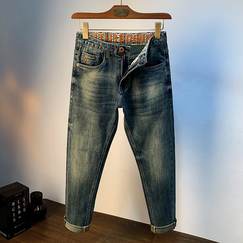 Jeans high-end lavado, calça justa masculina, bordada skinny, stretch, retrô, nova moda, primavera e outono, 2024