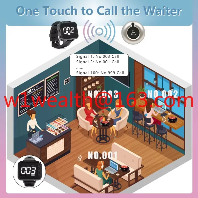 Wireless Restaurant Call System Waterproof Table Buttons and Watch Pager Kit