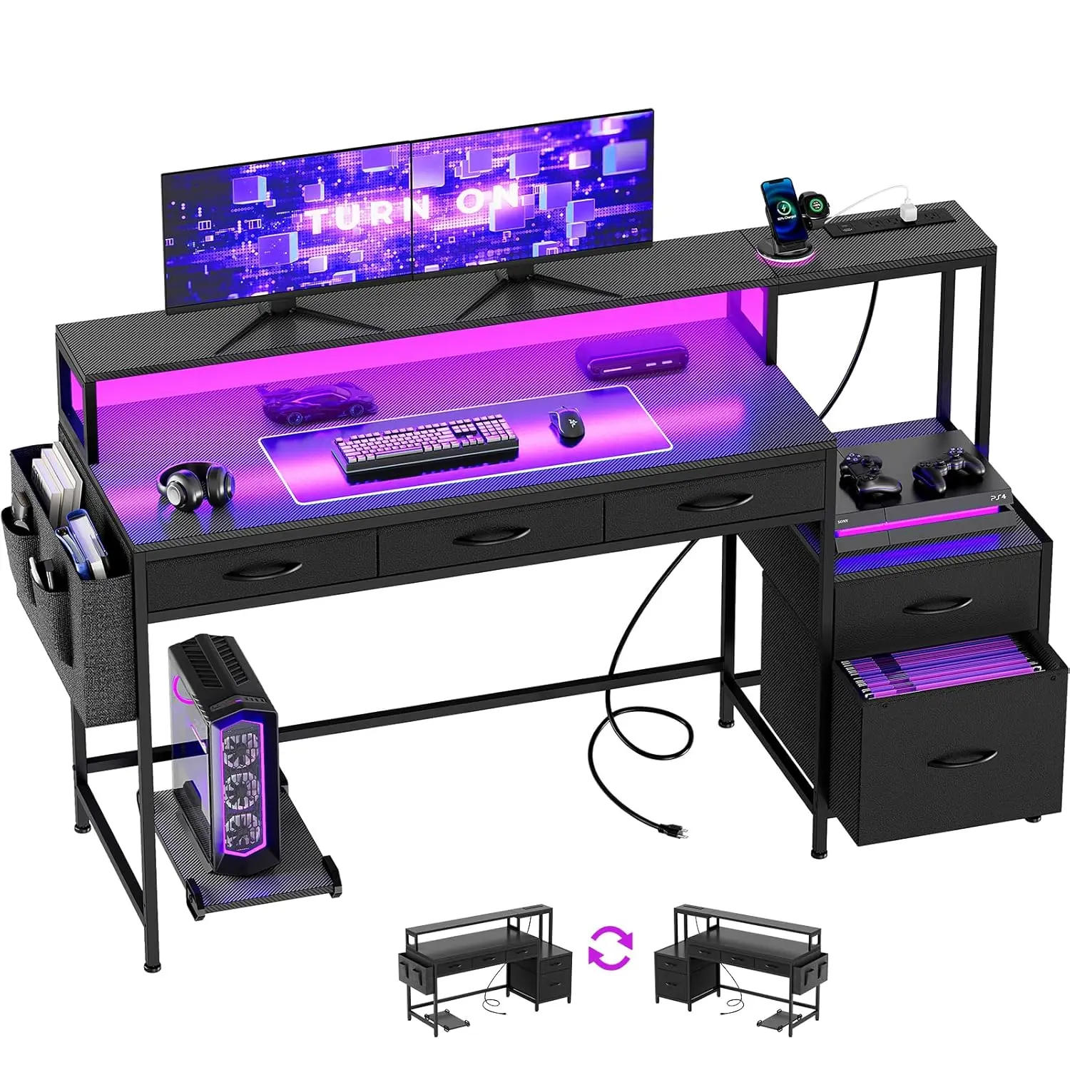

Игровой стол 61 дюйм с зарядной станцией и LED-подсветкой, реверсивный компьютерный стол с выдвижным ящиком для хранения и отсеком для монитора, на заказ