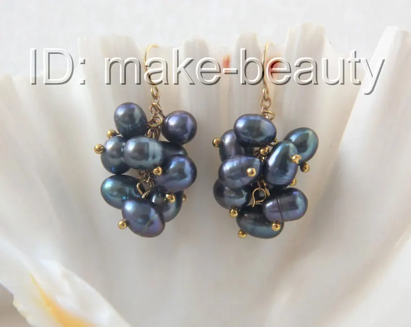 stunning 9mm black baroque freshwater cultured pearls grape dangle earrings 14K