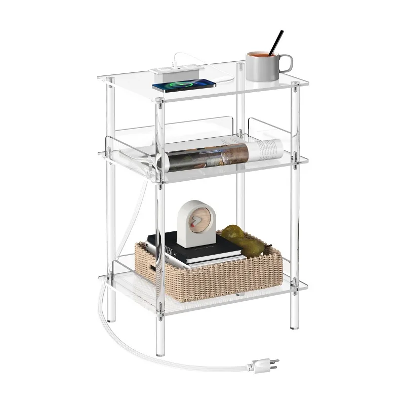 

Acrylic three-layer bedside table, bedroom with socket, very narrow square table, simple transparent shelf
