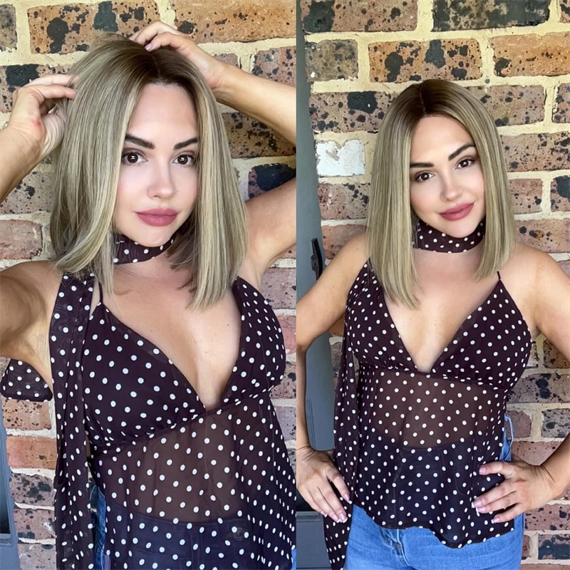 متوسط الحجم قبعة مستقيم بوب أومبير الرماد شقراء الاصطناعية HD الدانتيل شعر مستعار أمامي Balayage قبل قطعها شعري طول الكتف شعر مستعار 12''