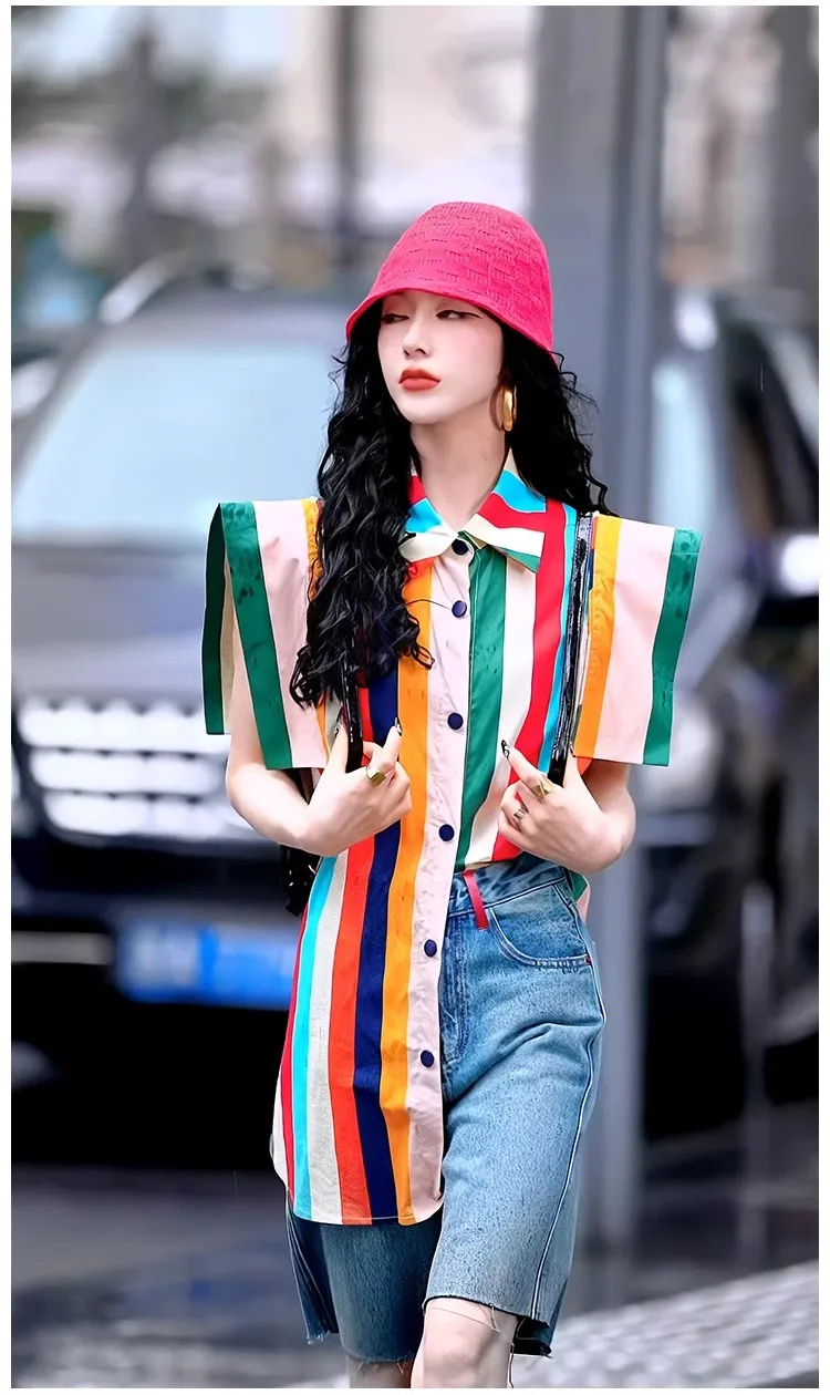 Women Casual Shirts Fly Sleeveless Blouses Colorful Stripped Print Woman Shirts Young Ladies Designer Blouses Street Tops NZ293