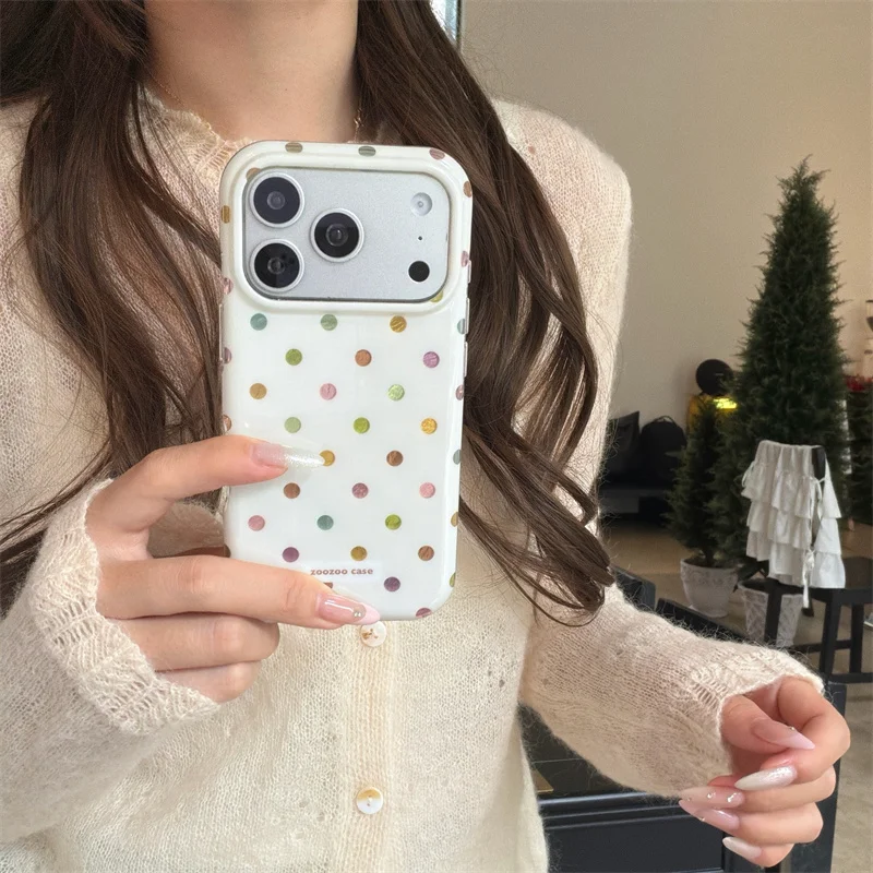 

Cute Retro Colorful Polka Dot Phone Case For iPhone 14 15 16 17 Pro Max White Glossy Protective Cover For Girls