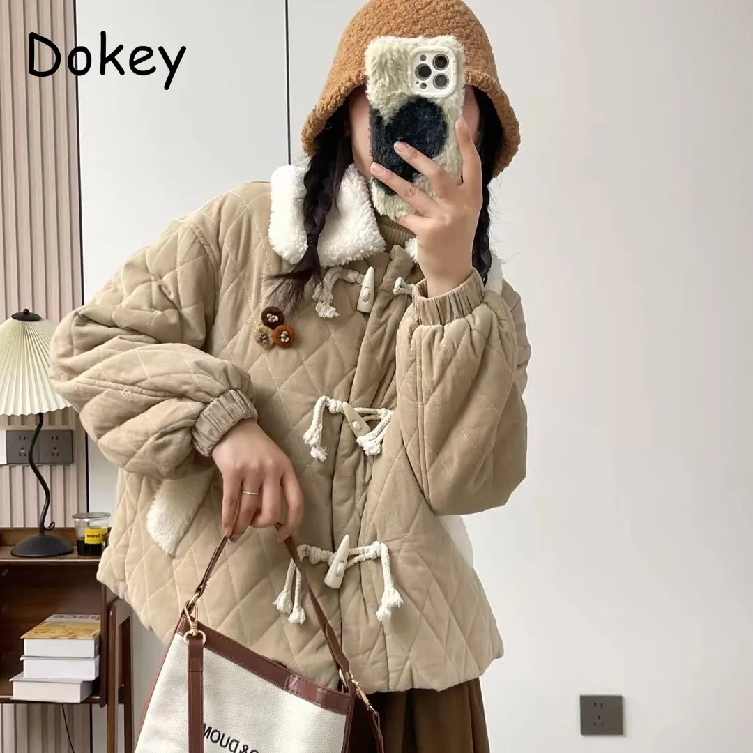 Japanese Mori Girl Kawaii Corduroy Cotton Jacket Women Vintage Ruffled Y2k Trendy Lolita Parkas Winter Plush Warm Casual Outwear