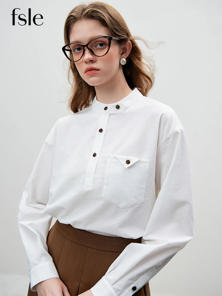 FSLE French Commuting Style Simple Stand Collar Shirt for Women Autumn 2023 New Fashionable Solid Color Shirt Top Female