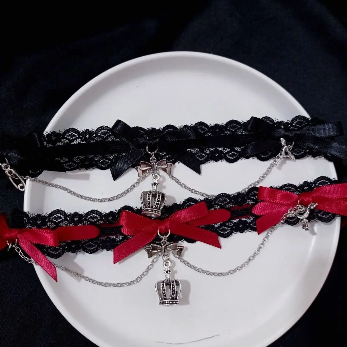 Stile scuro nero fatto a mano in pizzo Bowknot gamba catena gotico fiocco rosso ciondolo catena nappa dolce fresco Sexy accessori gioielli per il corpo