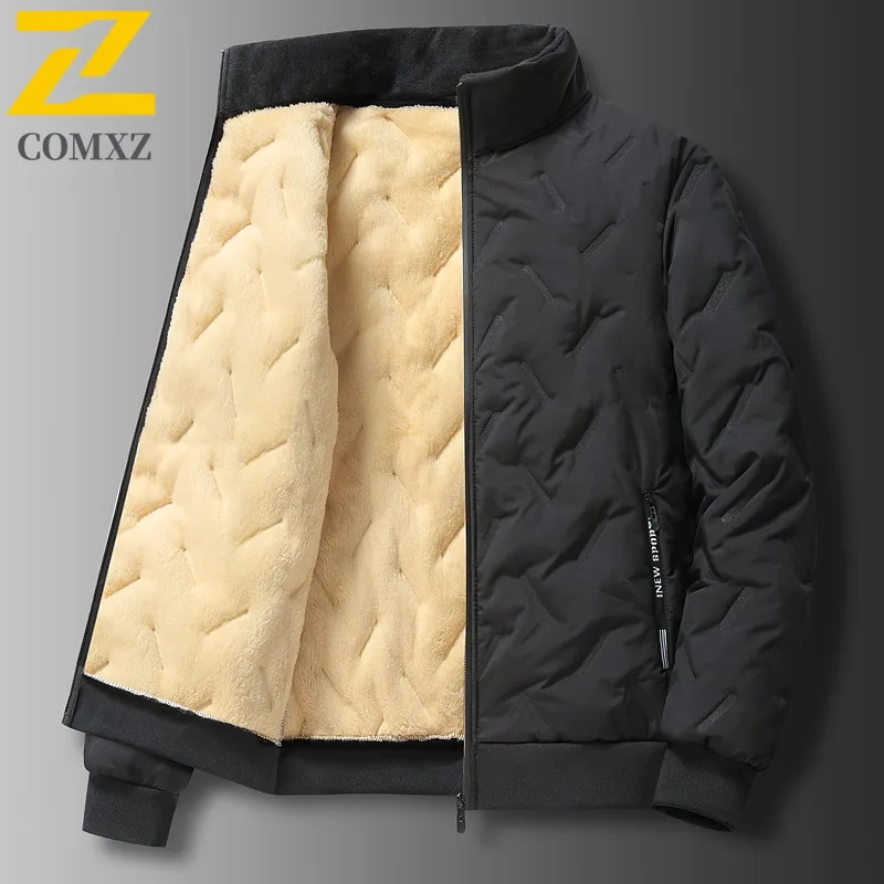 COMXZ 2025 Autumn Winter Sherpa Stand Collar Cotton Jacket Mens High Quality Thick Warm Fashion Coat Casual waterproof Outwear