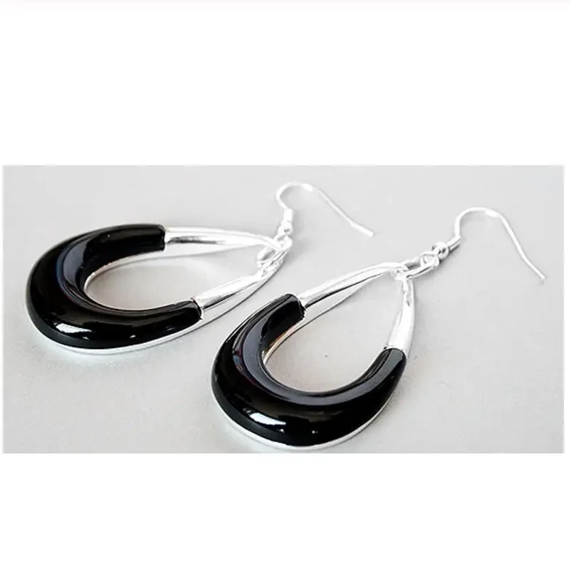 

VINTAGE BLACK Natural jade HUGE 925 SILVER HOOK EARRING 2 1/2"