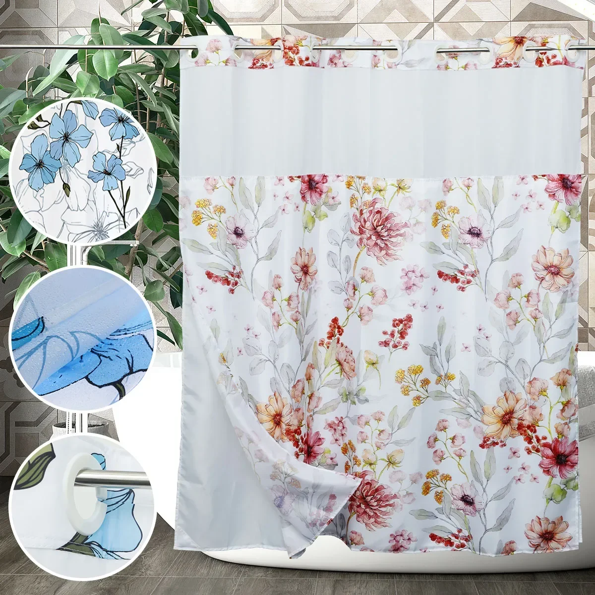 

Shower Curtain Hook Free Waterproof Bathroom Curtains with Snap-in Liner Decorative Floral Bath Curtains Washable Shower Curtain