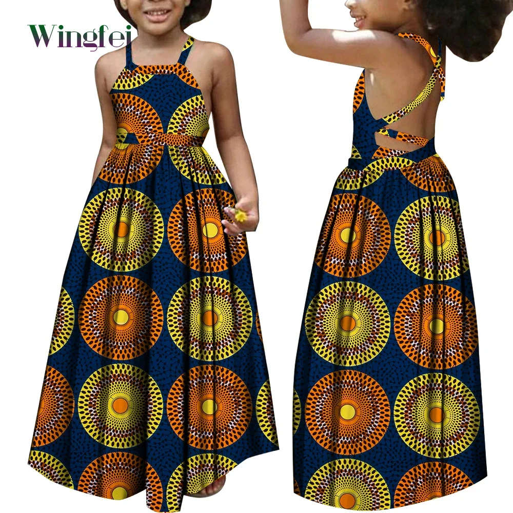 African Dresses for Girls Dashiki Children Clothes Ankara Fashion Floral Print Halter Long Dresses Kids African Clothes WYT728