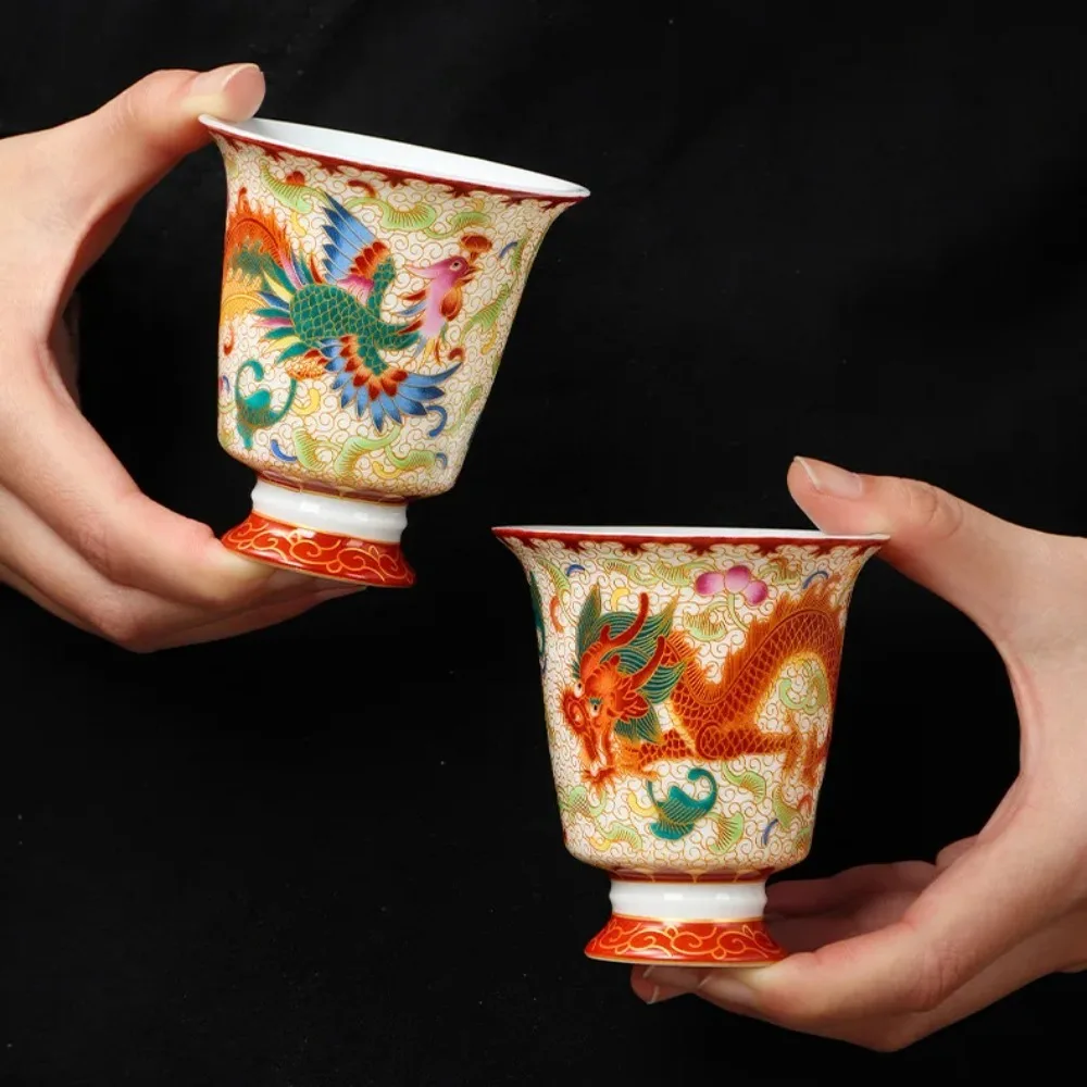 Chinese mainland enamel color dragon and phoenix pair cup kung fu teacup