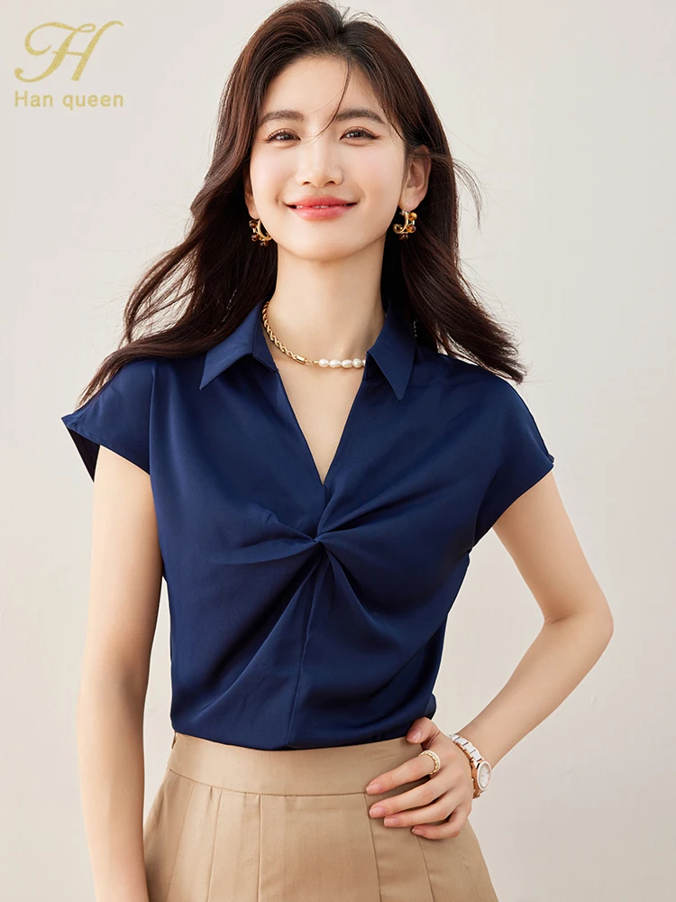 

H Han Queen New Women Casual Summer Shirts The Chic Twist Office Blusas Vintage Tops Elegant Chiffon Short Sleeve Blouses
