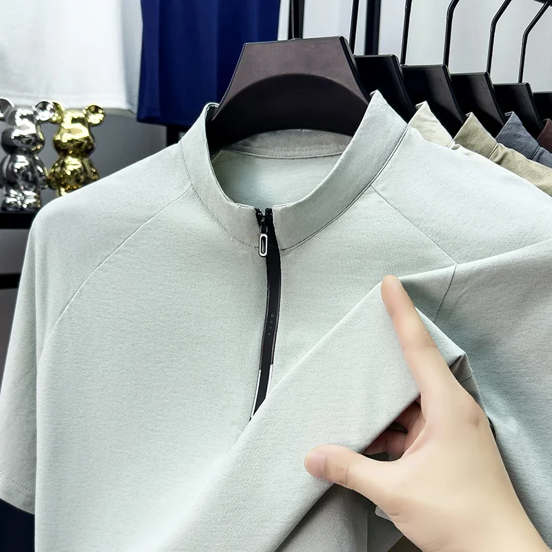 Mens Heather Melange Raglan Half Zip Mandarin Stand Collar Short Sleeve Henley T Shirts Stretch Breathable Casual Summer Tops