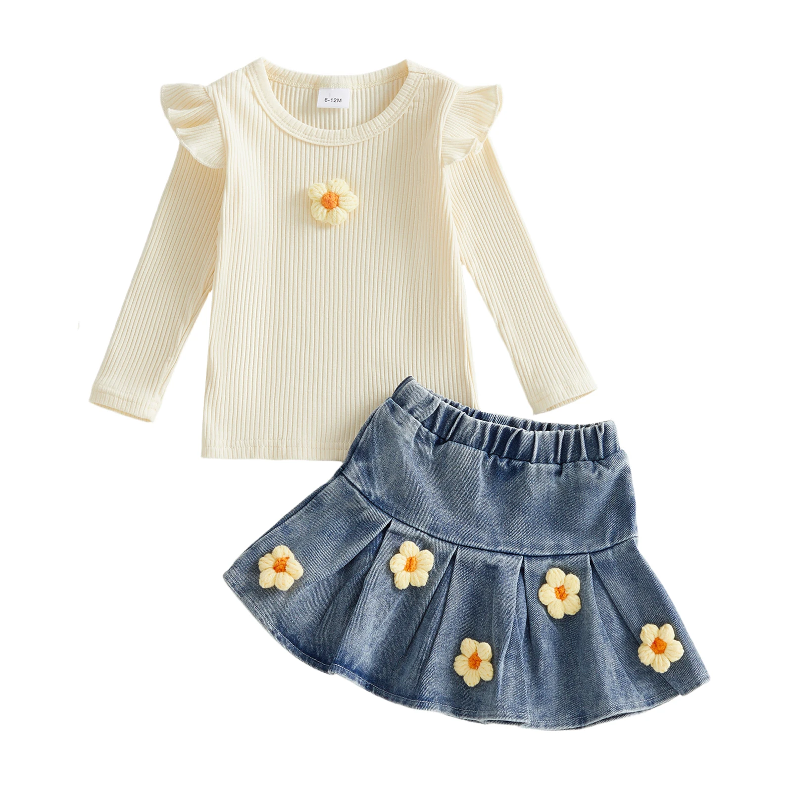 

Весенний ансамбль для девочек, вязаный крючком топ с длинными рукавами и джинсовая юбка с хвостом русалки — комплект из 2 предметов для детей