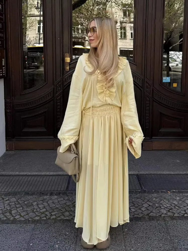 HH Women's Summer New Versatile V-neck Lace-up Decorative Chiffon Loose Shirt Female Thin Pullover Casual Long Sleeve Shirt