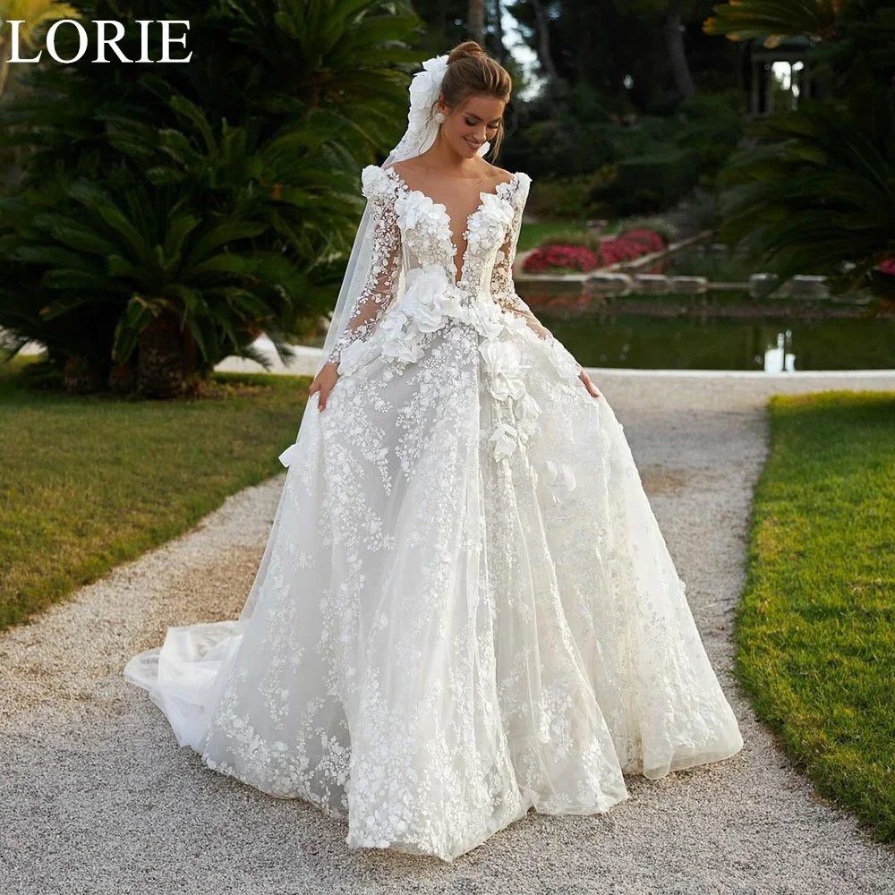 

LORIE A-Line V-Neck BOHO Wedding Dresses with 3D Flowers Lace Appliques Long Sleeves Luxurious Princess Bride Wedding Gown 2024